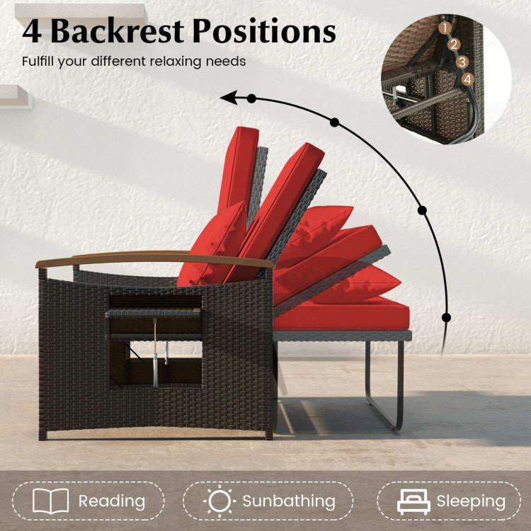 Costway Patio Furniture Wicker 3-in-1 Convertible Daybed to Loveseat with Ottoman Storage New