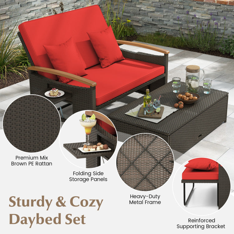 Costway Patio Furniture Wicker 3-in-1 Convertible Daybed to Loveseat with Ottoman Storage New