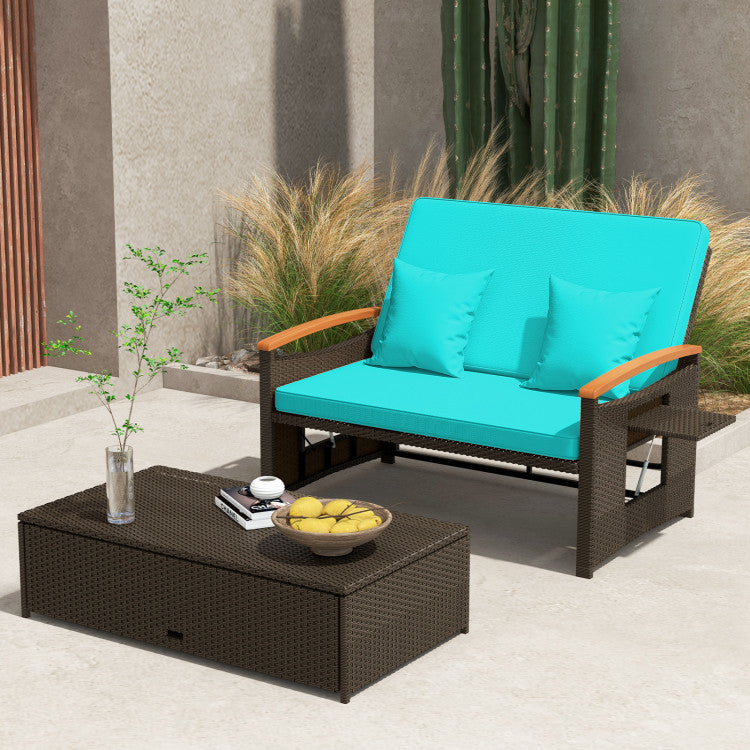 Costway Patio Furniture Wicker 3-in-1 Convertible Daybed to Loveseat with Ottoman Storage New