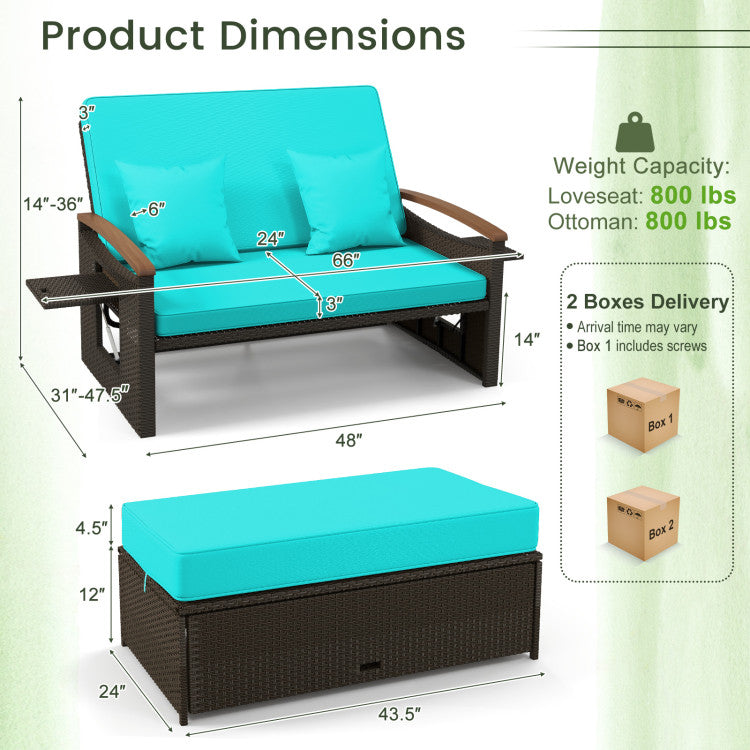 Costway Patio Furniture Wicker 3-in-1 Convertible Daybed to Loveseat with Ottoman Storage New