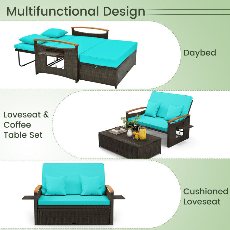 Costway Patio Furniture Wicker 3-in-1 Convertible Daybed to Loveseat with Ottoman Storage New