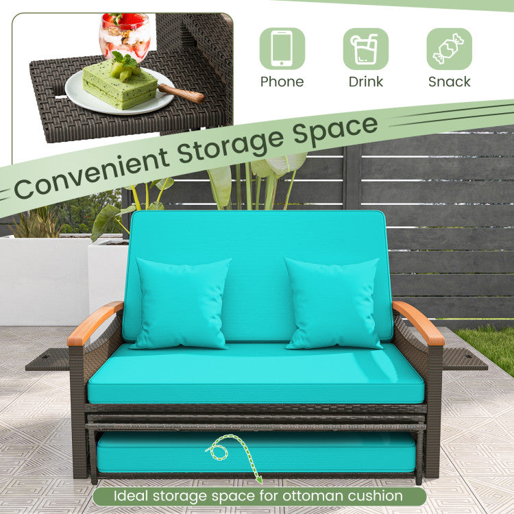 Costway Patio Furniture Wicker 3-in-1 Convertible Daybed to Loveseat with Ottoman Storage New