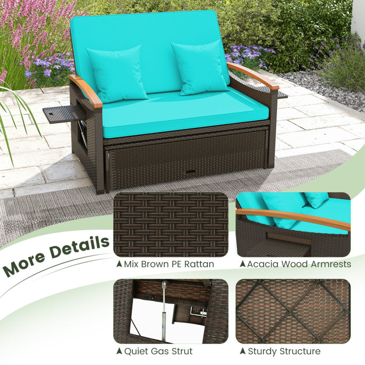 Costway Patio Furniture Wicker 3-in-1 Convertible Daybed to Loveseat with Ottoman Storage New