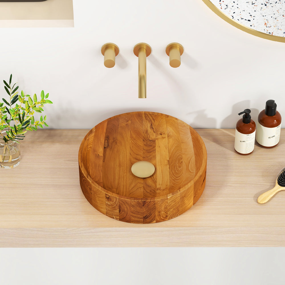 Teak wood washbasin with smooth finish and rounded corners, ideal for kitchens and bathrooms, featuring a bottom.