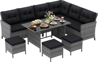 Costway Patio Furniture 7 PCS Dining Set with Ottomans Cushions and Glass Table New