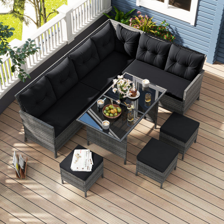 Costway Patio Furniture 7 PCS Dining Set with Ottomans Cushions and Glass Table New