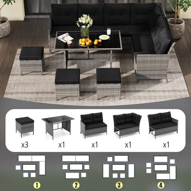 Costway Patio Furniture 7 PCS Dining Set with Ottomans Cushions and Glass Table New