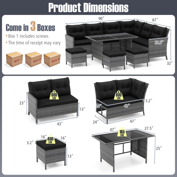 Costway Patio Furniture 7 PCS Dining Set with Ottomans Cushions and Glass Table New