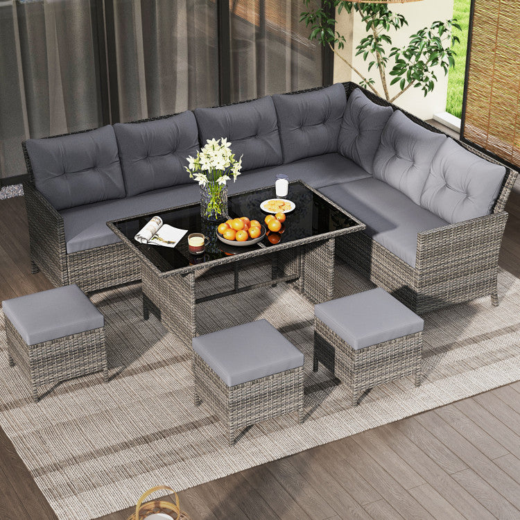 Costway Patio Furniture 7 PCS Dining Set with Ottomans Cushions and Glass Table New