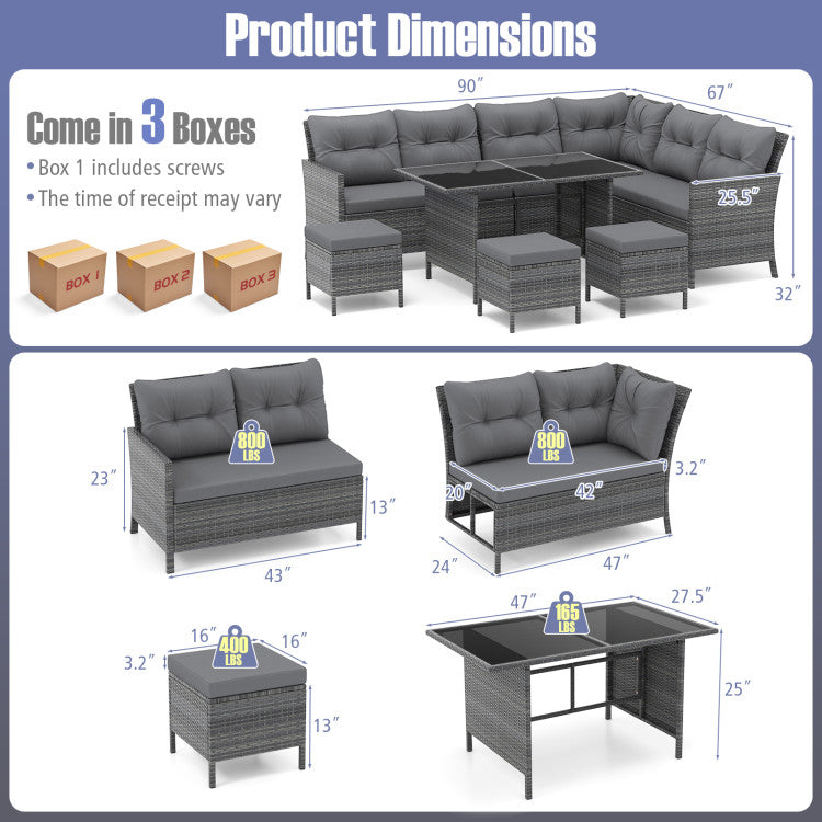 Costway Patio Furniture 7 PCS Dining Set with Ottomans Cushions and Glass Table New