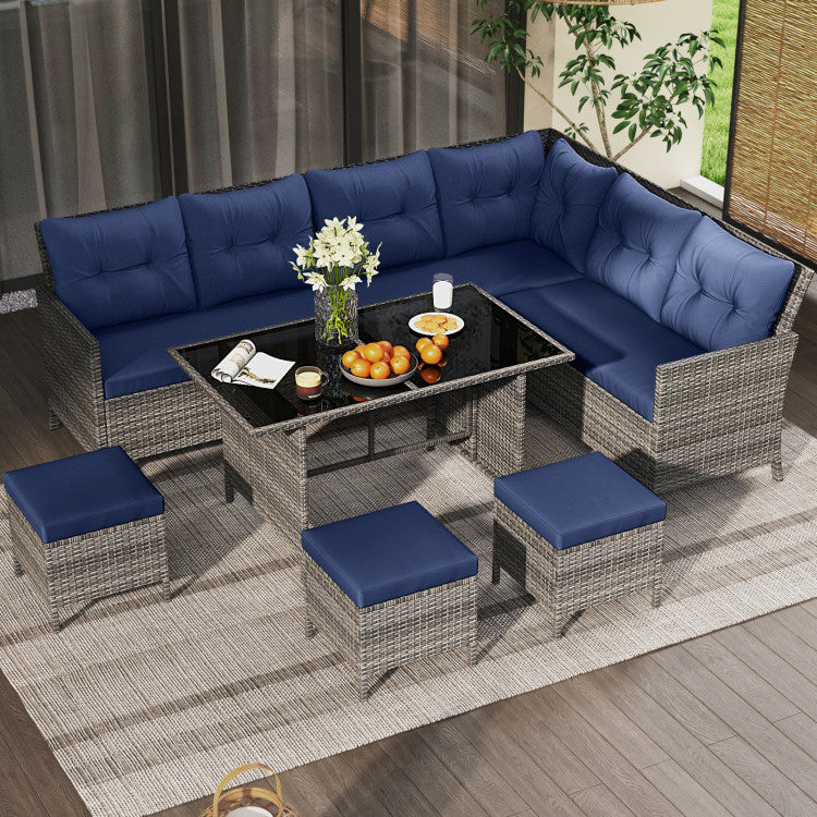 Costway Patio Furniture 7 PCS Dining Set with Ottomans Cushions and Glass Table New