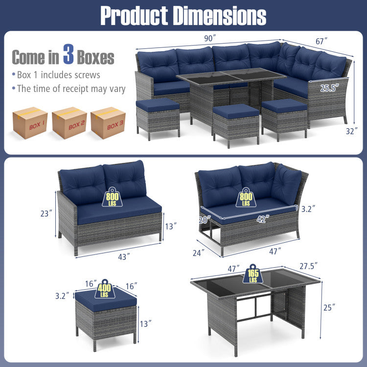 Costway Patio Furniture 7 PCS Dining Set with Ottomans Cushions and Glass Table New
