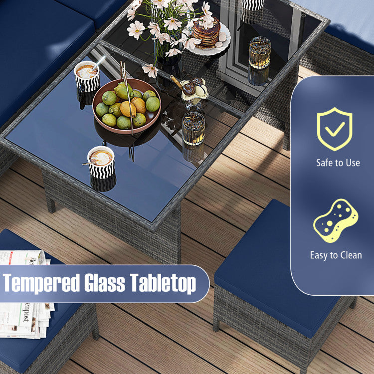 Costway Patio Furniture 7 PCS Dining Set with Ottomans Cushions and Glass Table New
