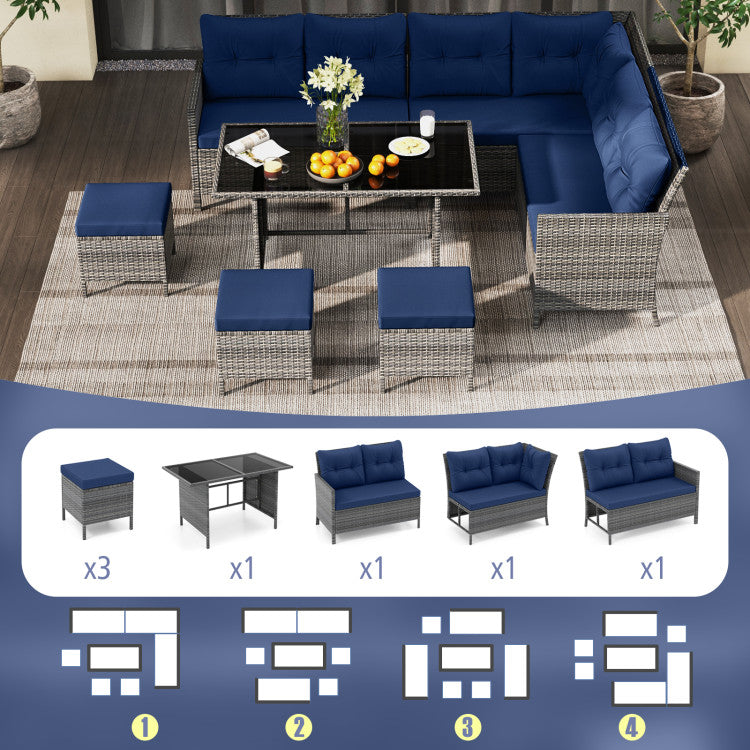 Costway Patio Furniture 7 PCS Dining Set with Ottomans Cushions and Glass Table New