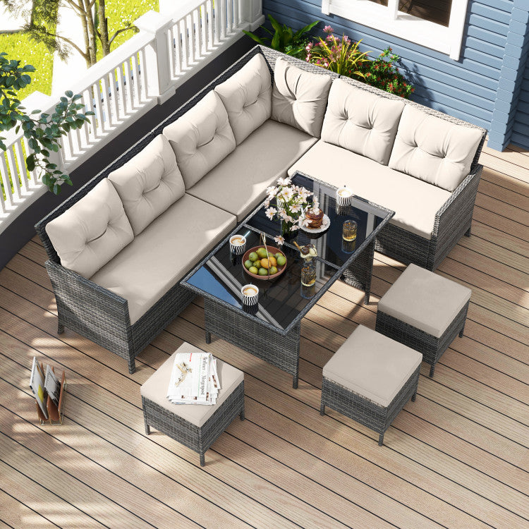 Costway Patio Furniture 7 PCS Dining Set with Ottomans Cushions and Glass Table New