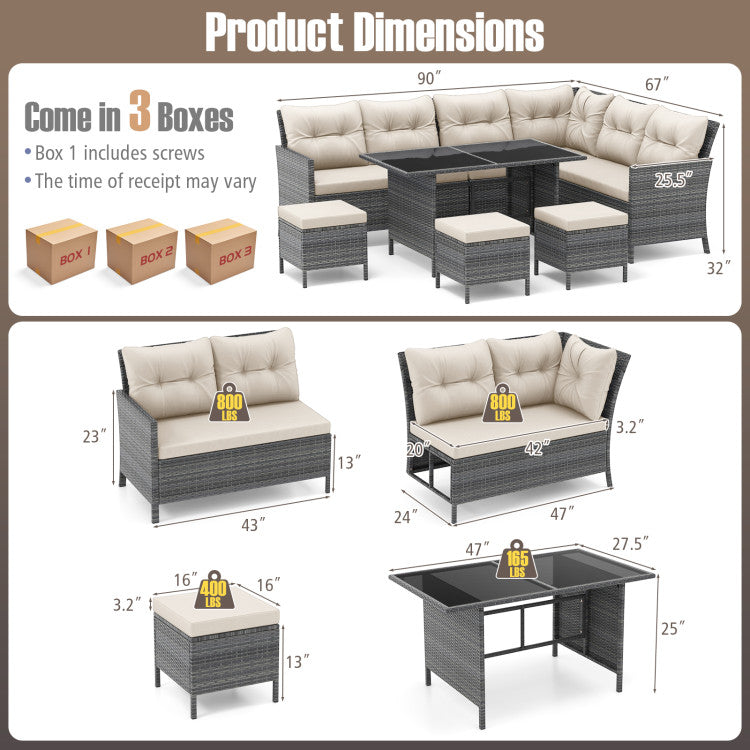 Costway Patio Furniture 7 PCS Dining Set with Ottomans Cushions and Glass Table New