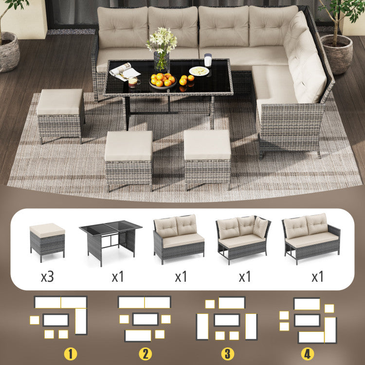 Costway Patio Furniture 7 PCS Dining Set with Ottomans Cushions and Glass Table New