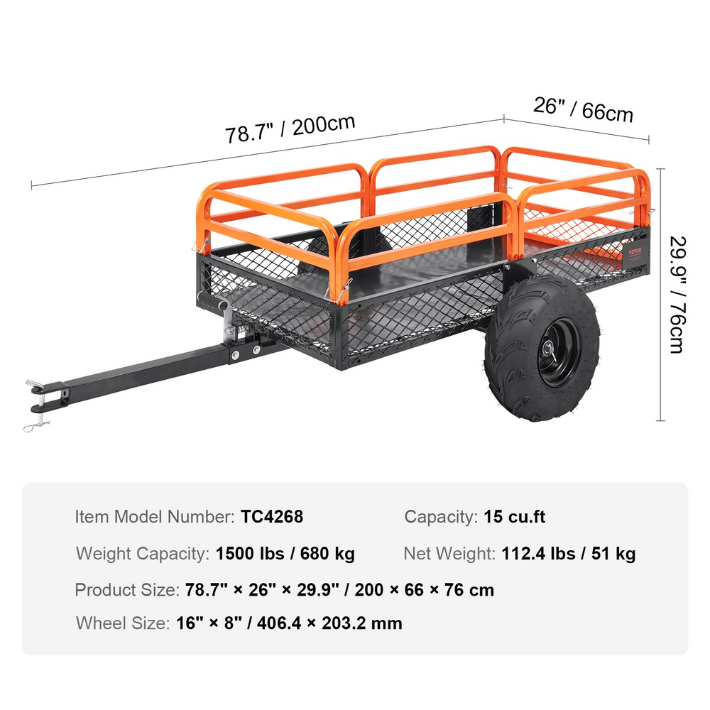 Vevor TC4268 ATV Dump Trailer Tow Behind Cart 1500 lbs 15 cu. ft. Capacity Removable Sides Heavy Duty Steel New