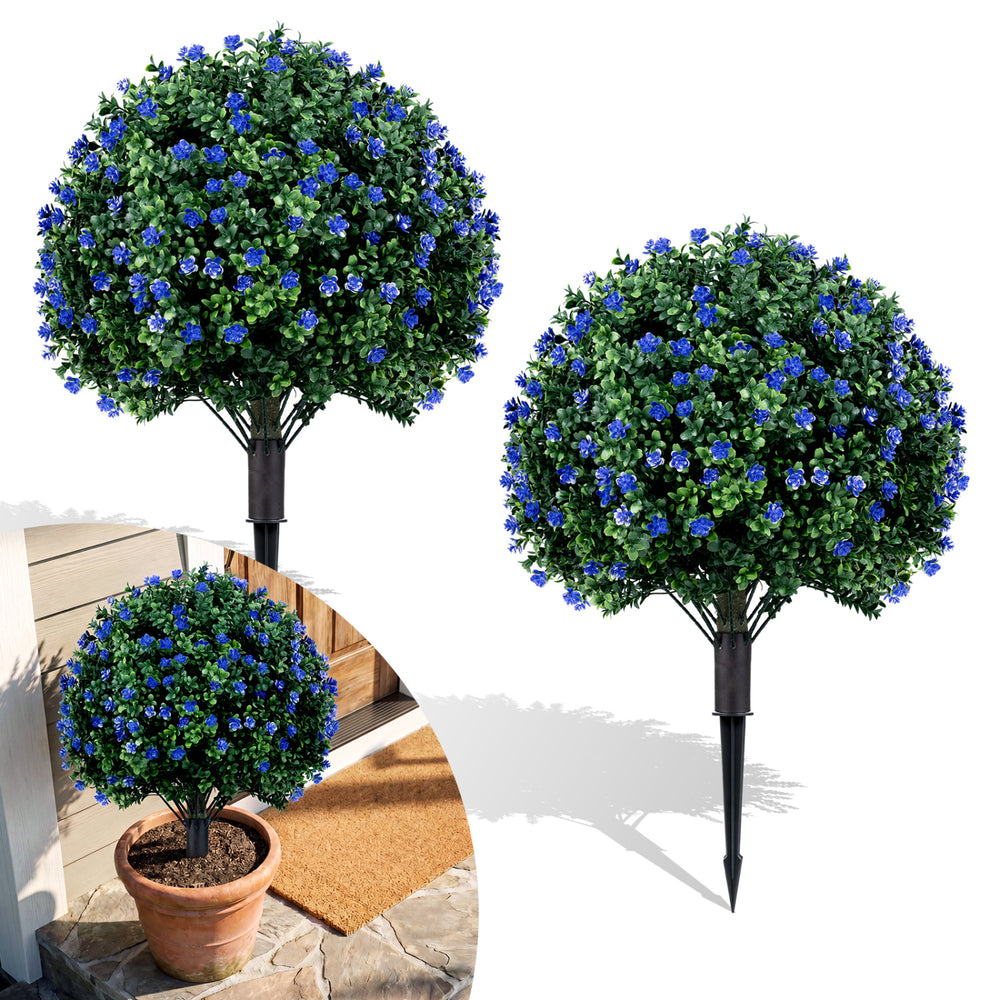 Artificial lavender boxwood topiary ball tree with purple flowers, 27.5", ideal for outdoor patio and yard decoration.