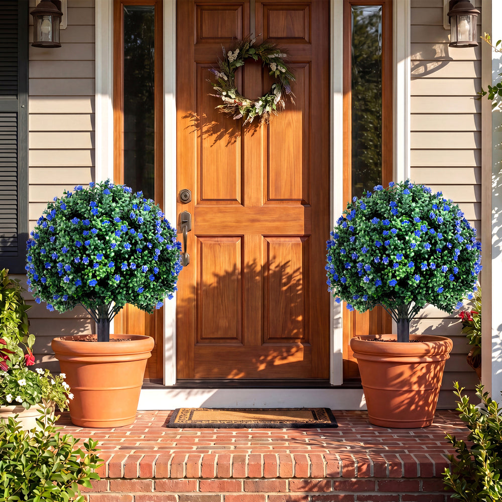 Artificial lavender boxwood topiary ball trees in terracotta pots, 27.5", for vibrant front porch and patio decoration.