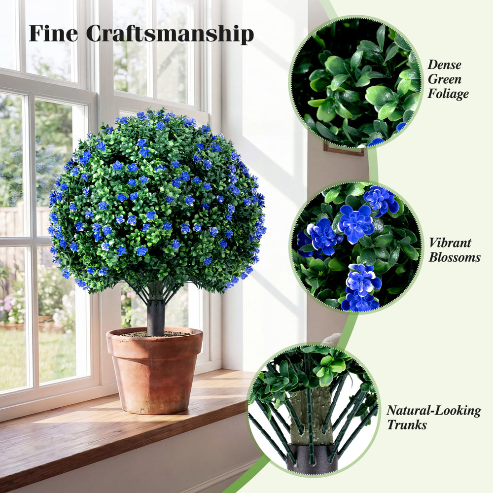 Artificial lavender boxwood topiary ball tree with purple flowers, 27.5", for vibrant outdoor patio decoration.