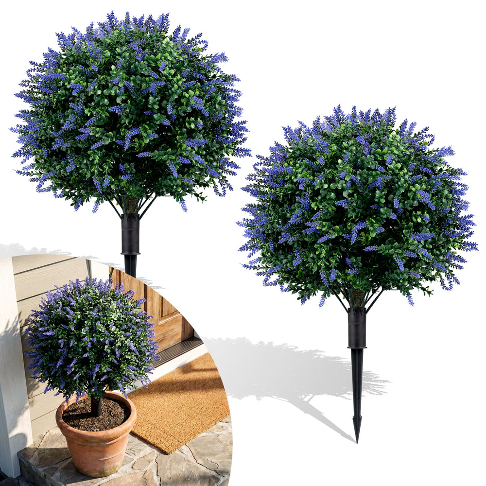 Artificial lavender boxwood topiary ball trees with purple flowers, perfect for garden or porch decoration.