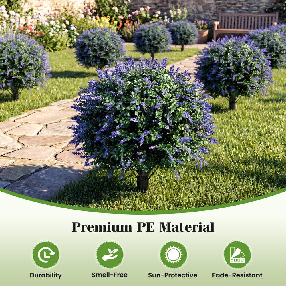 Artificial lavender boxwood topiary ball trees with purple flowers, made of fade-resistant PE material for outdoor use.