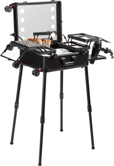 Vevor Makeup Train Case with Lock Lighted Mirror 4-Storage Trays Brush Holder and Swivel Wheels New