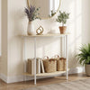 Half moon console table in oak with a 2-tier design and storage shelf, ideal for entryway organization.
