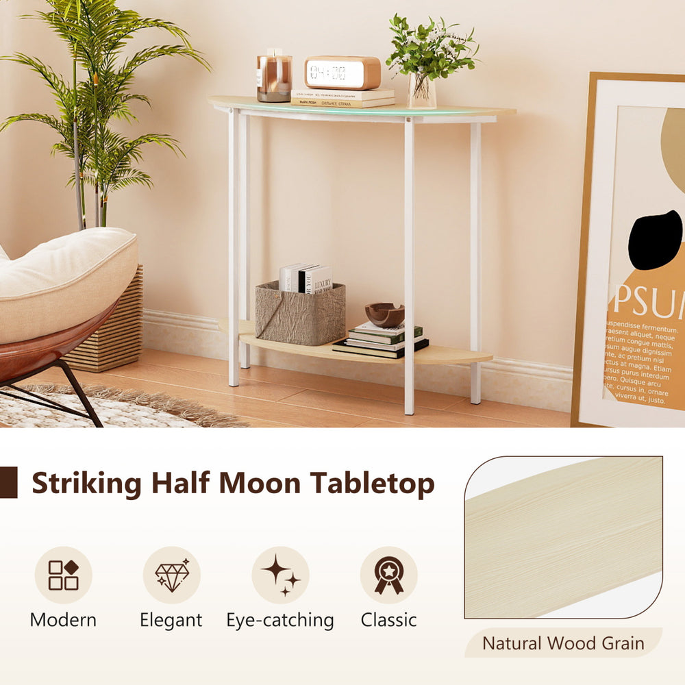 Half moon console table with oak finish, featuring a two-tier design and storage shelf for stylish entryway.