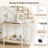 Half moon console table with oak finish, featuring a 2-tier design and sturdy metal frame for entryway storage.