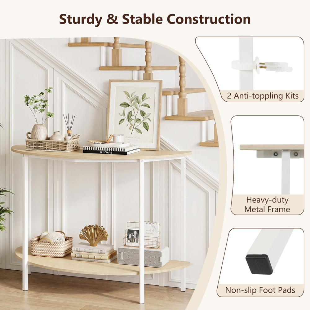 Half moon console table with oak finish, featuring a 2-tier design and sturdy metal frame for entryway storage.