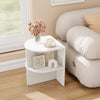 Half round white end table with open shelves, perfect for small spaces, enhancing elegance in living rooms or bedrooms.