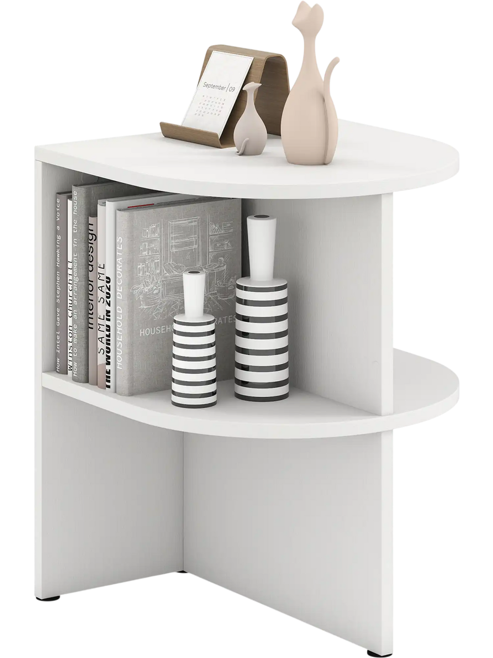 Half round end table in white with open shelves, ideal for small spaces, perfect for living room or bedroom use.