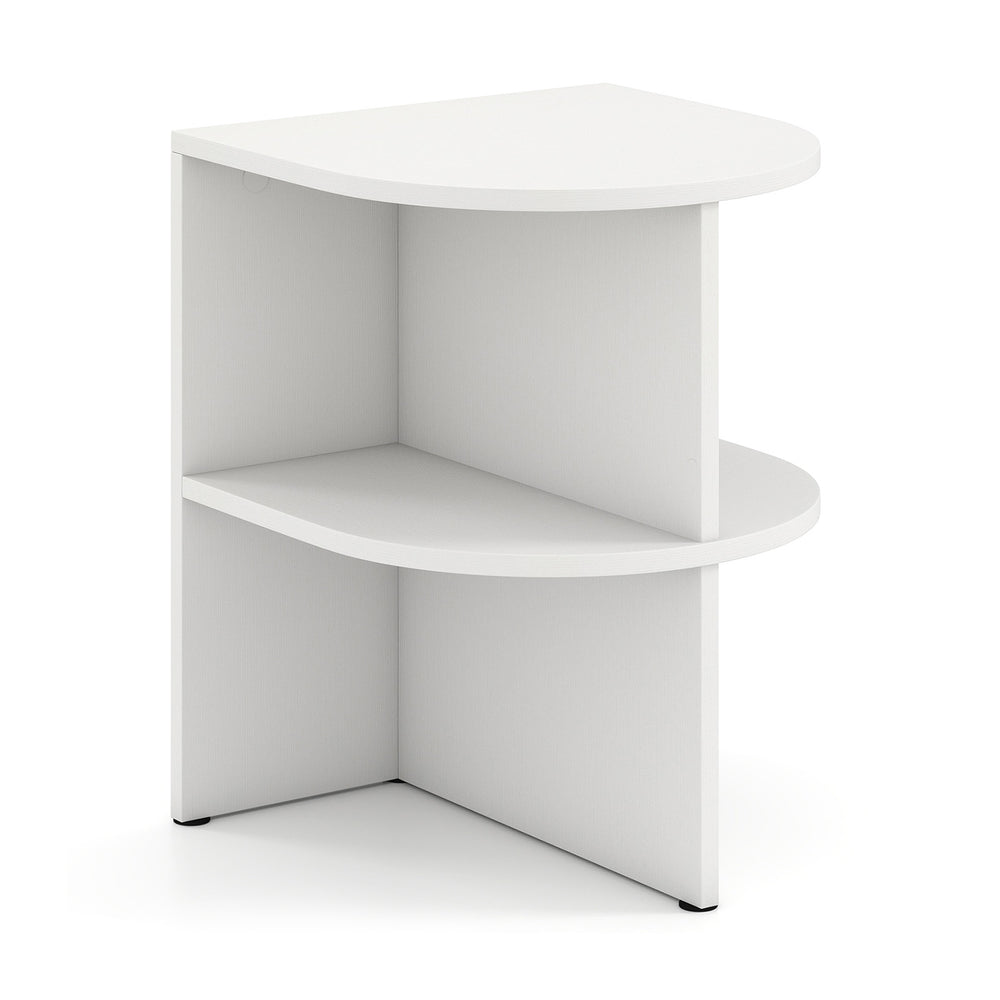 Half round end table in white with two open shelves, perfect for small spaces in living room or bedroom.