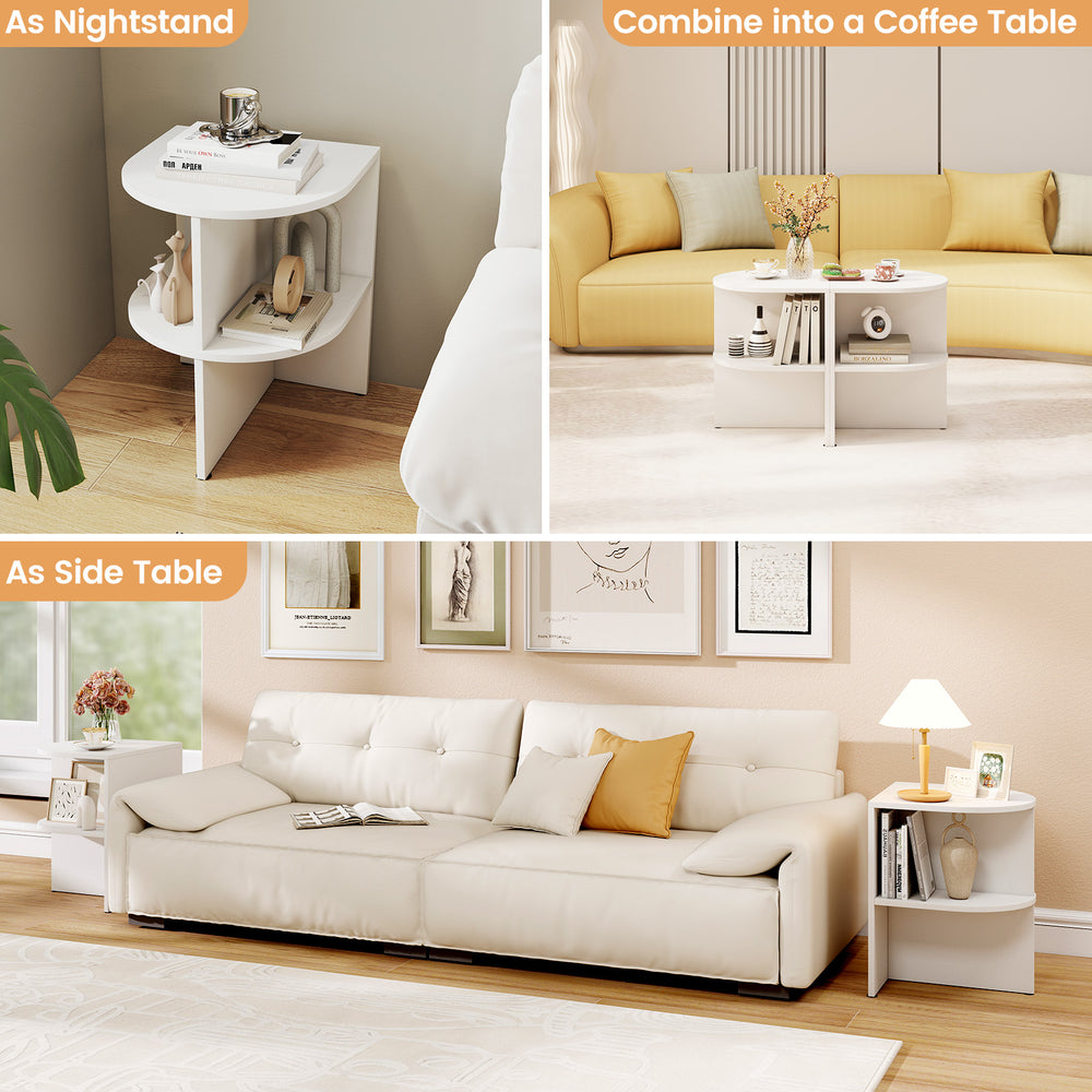 Half round end table in white with open shelves, versatile for use as a nightstand or coffee table in small spaces.