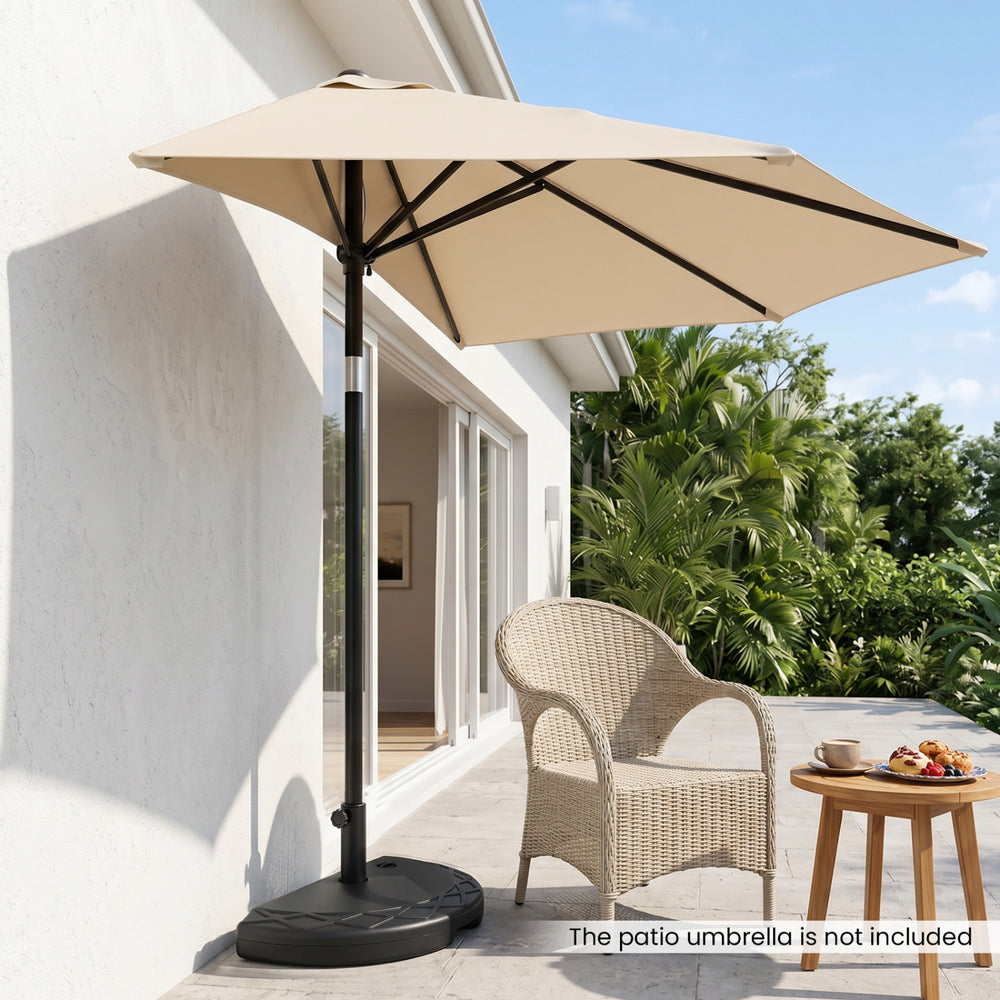Half round patio umbrella base with adjustable knob, designed for 7-8 ft umbrellas, ideal for wall placement.