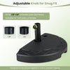 Half round patio umbrella base with adjustable knob, fits 1.5"-1.9" poles, designed for stability against walls.