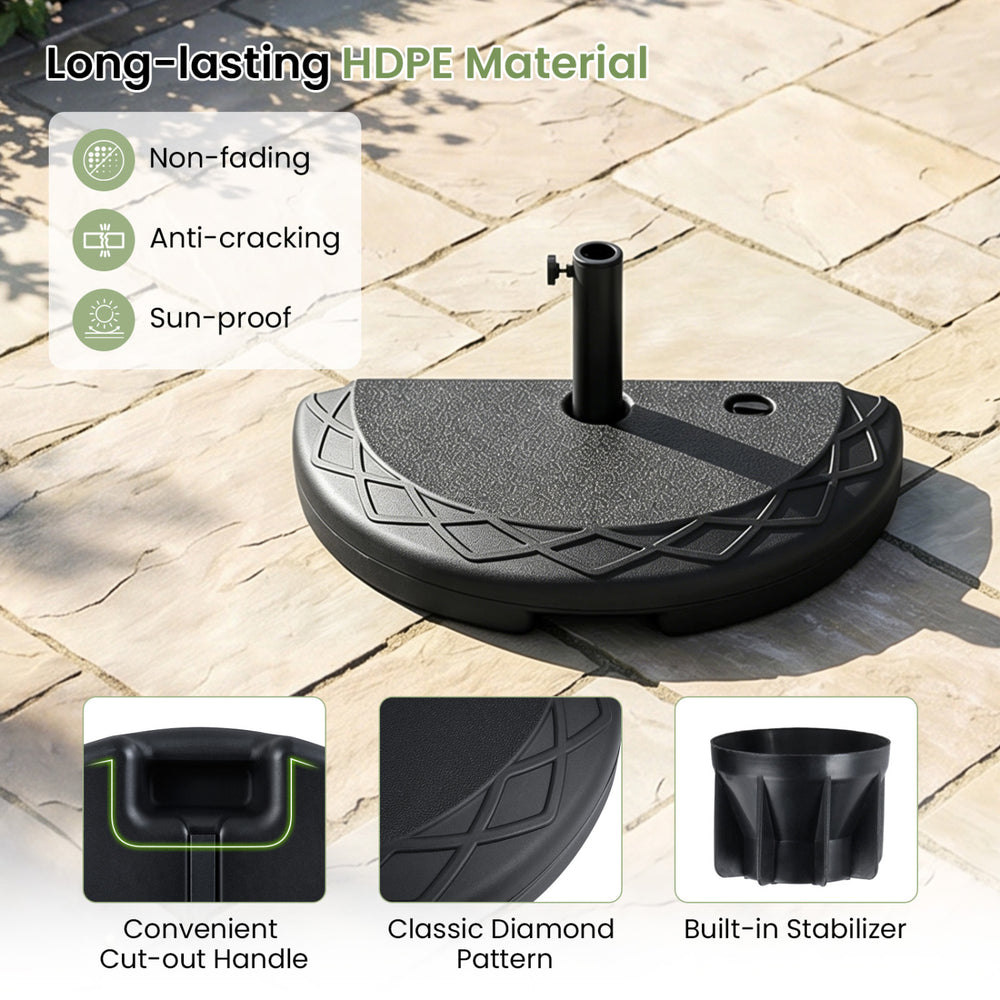 Half round patio umbrella base made of HDPE material, designed for 7-8 ft umbrellas, featuring a classic diamond.