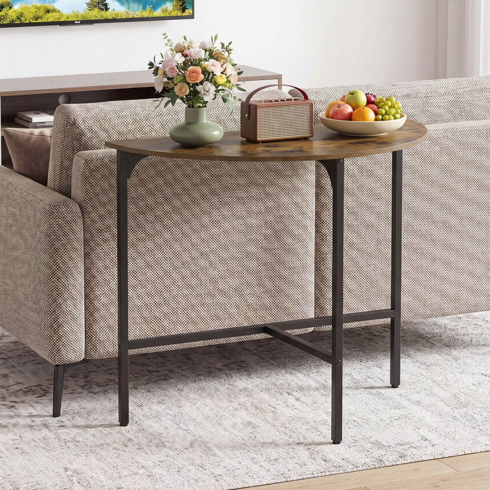 Half-moon console table in rustic brown with a sturdy metal frame, perfect for enhancing your living space decor.