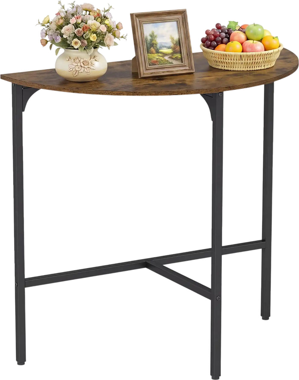 Half-moon console table in rustic brown with a sturdy metal frame, perfect for enhancing your living space.