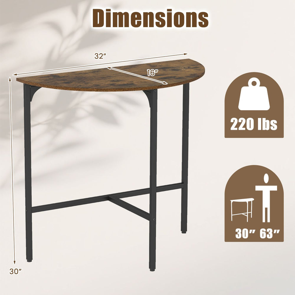 Half-moon console table with rustic brown wood finish and heavy-duty metal frame, supports up to 220 lbs for versatile use.