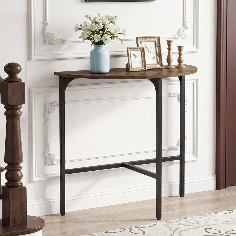 Half-moon console table in rustic brown with a sturdy metal frame, perfect for enhancing your entryway or living space.