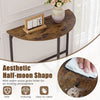 Half-moon console table in rustic brown features a warm wood grain finish and sturdy metal frame for lasting durability.