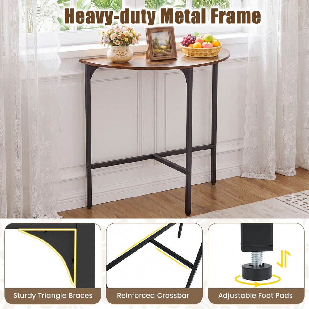 Half-moon console table in rustic brown with a heavy-duty metal frame and adjustable foot pads for stability.