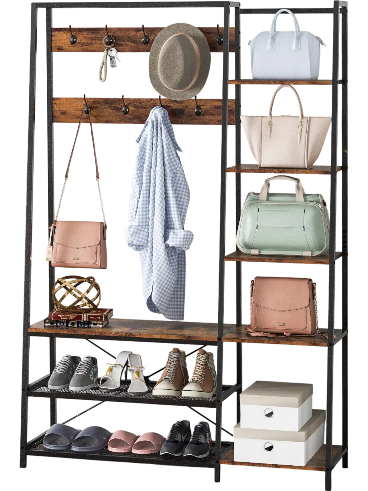 Costway 5-in-1 Entryway Hall Tree Storage Bench 9 Hooks Rustic Brown 17865423 New