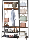 5-in-1 entryway hall tree in rustic brown with 9 hooks and shelves, perfect for organizing coats and shoes.