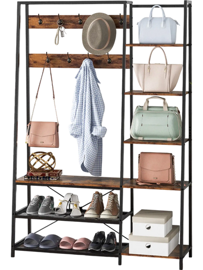 Costway 5-in-1 Entryway Hall Tree Storage Bench 9 Hooks Rustic Brown 17865423 New