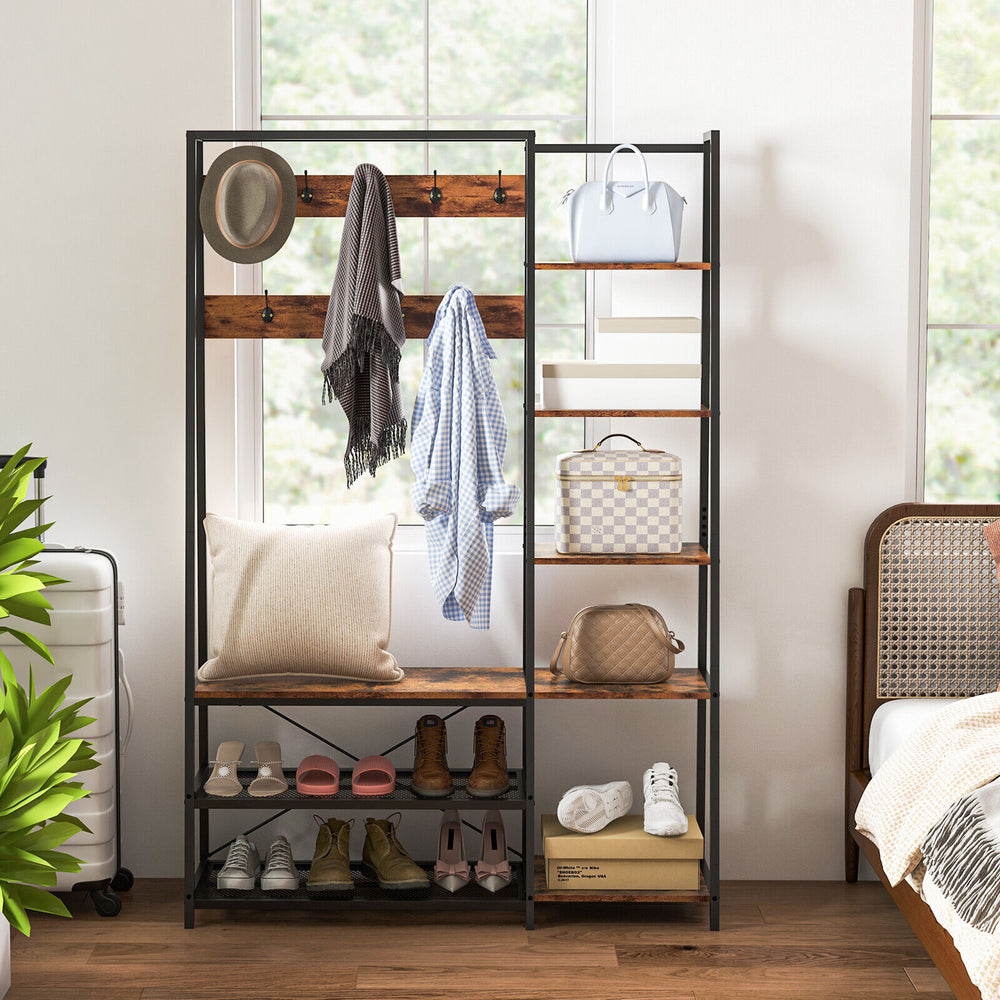 Rustic brown entryway hall tree with shoe bench and 9 hooks, perfect for stylish organization in any entryway or.