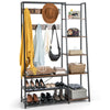 Rustic brown entryway hall tree showcasing 5 side shelves and a shoe bench, ideal for stylish and functional storage.